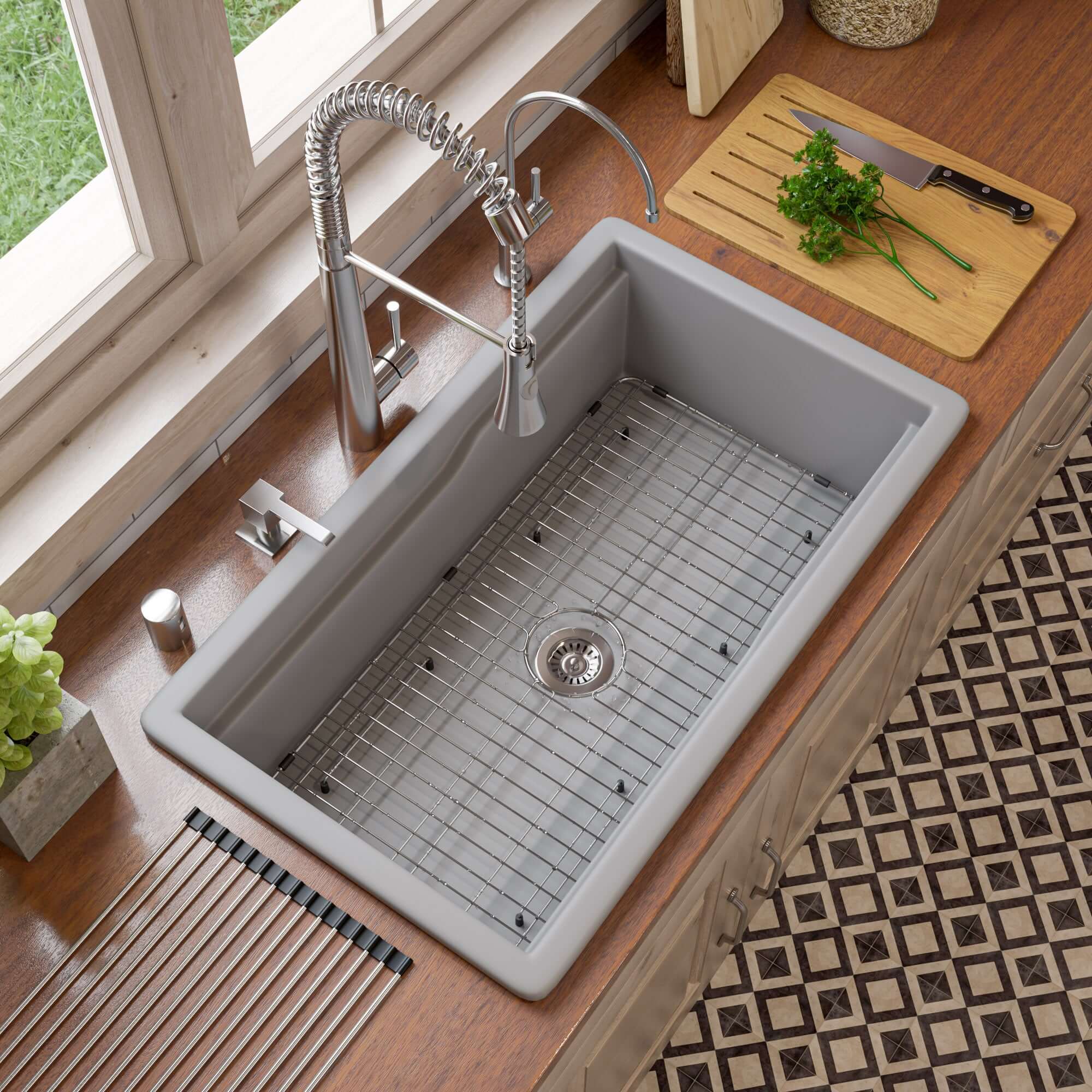 ALFI brand 32 fireclay workstation farmhouse step rim sink gray matte product image