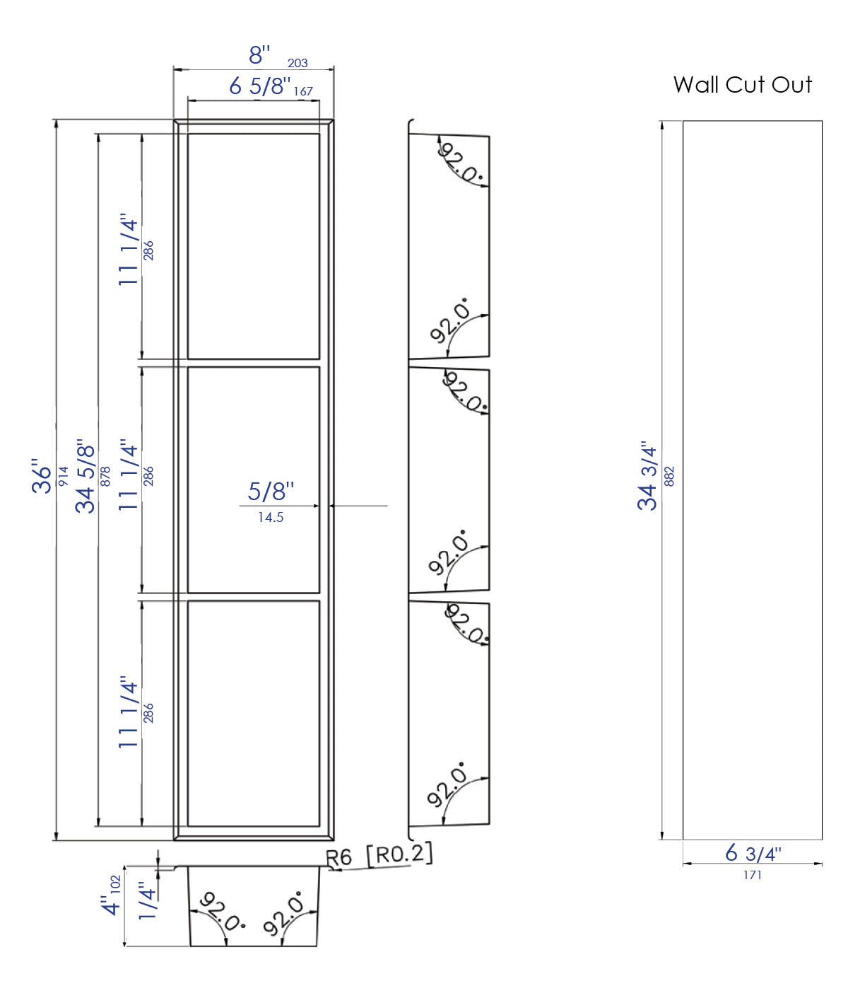 ALFI brand ABNP0836-BG 8" x 36" Brushed Gold PVD Stainless Steel Vertical Triple Shelf Shower Niche, 20 Gauge