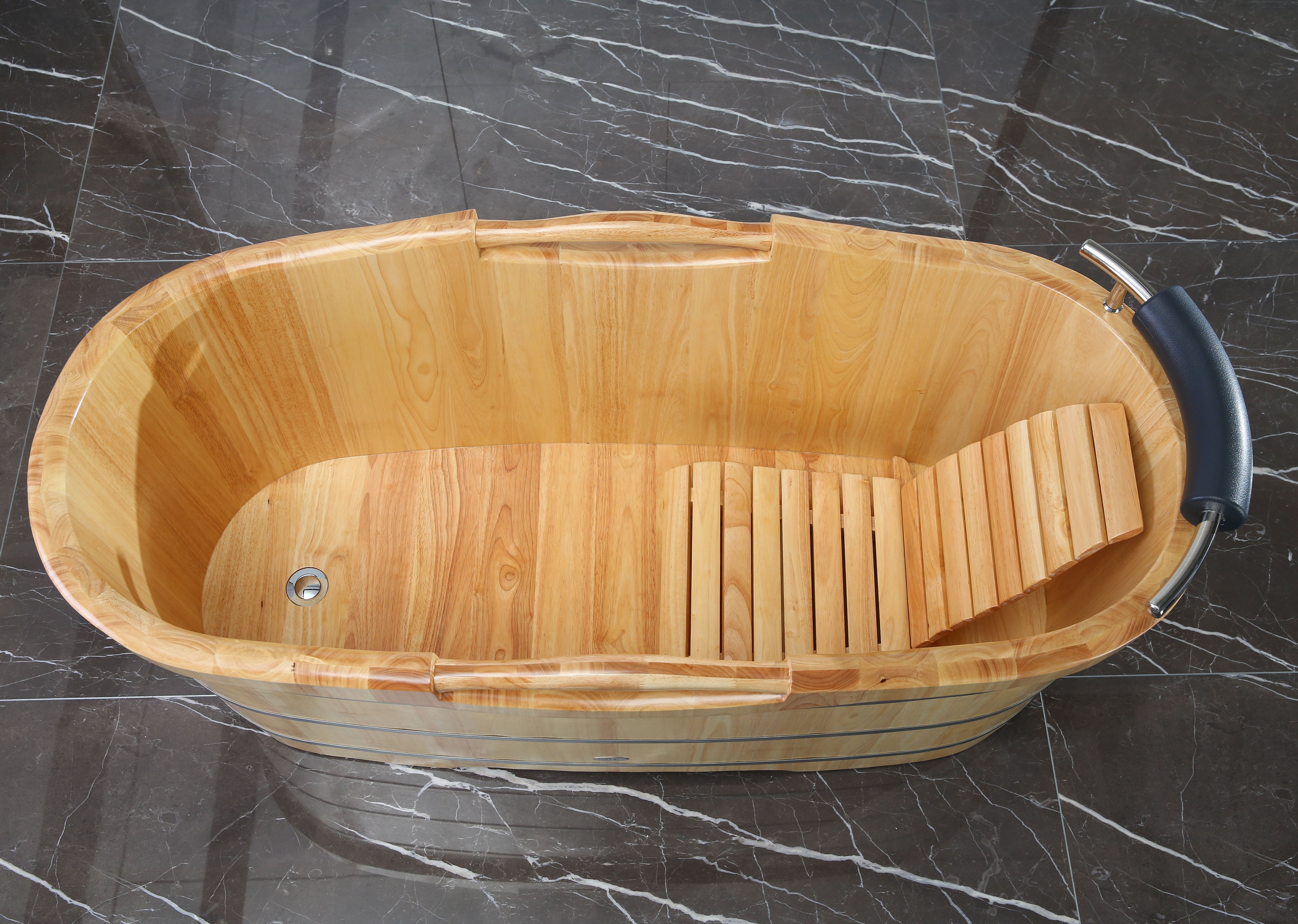 Alternate Image for ALFI brand 61" Rubber Wood Free Standing Oval Bathtub with Cushion Headrest, Natural Wood, AB1163
