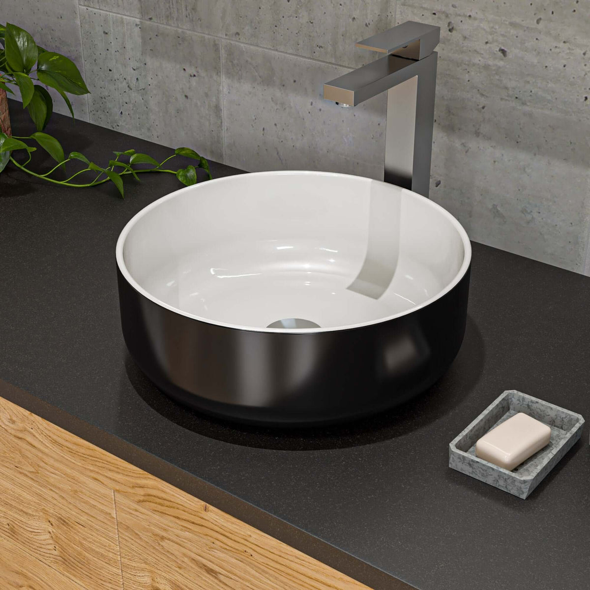 Alternate Image for ALFI brand 15.5" x 15.5" Round Above Mount Porcelain Bathroom Sink, Black & White, No Faucet Hole, ABC908