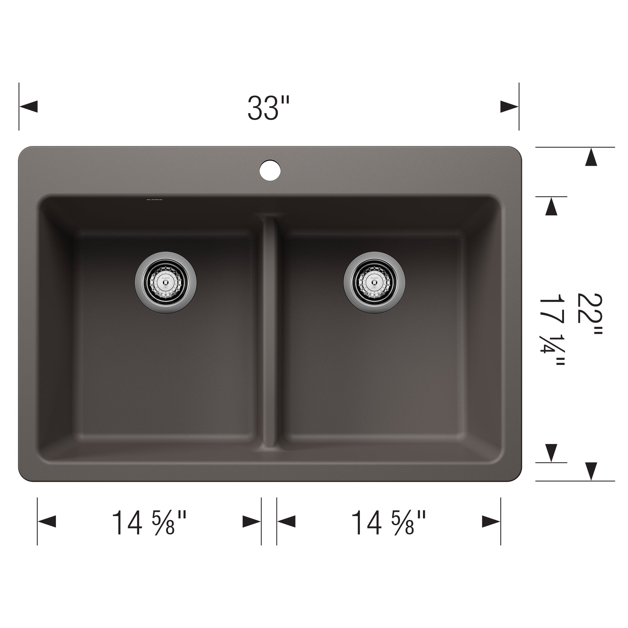 Blanco Liven 33" Dual Mount Silgranit Kitchen Sink, 50/50 Double Bowl, Volcano Gray, 1 Faucet Hole, 443208