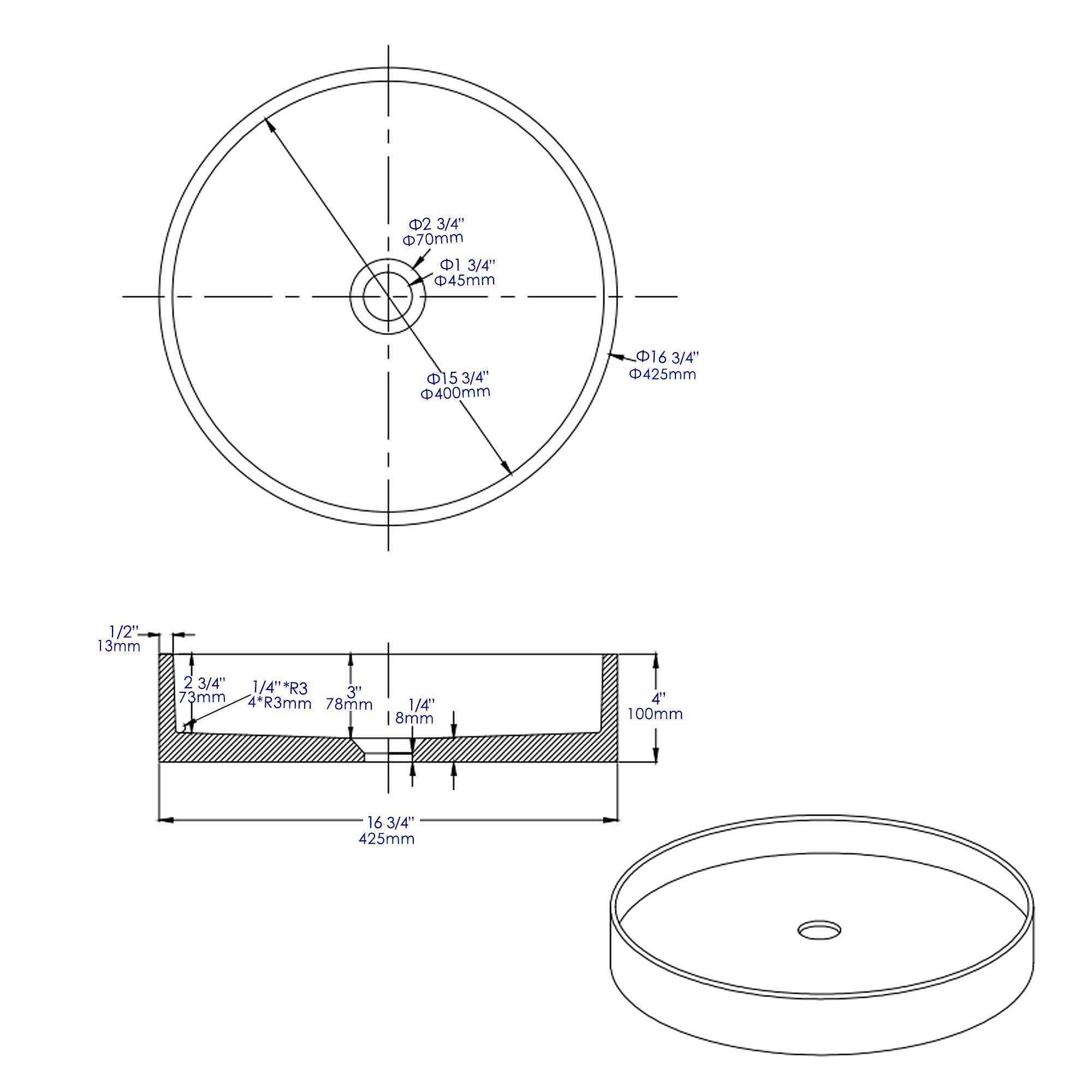 ALFI brand 16.75" x 16.75" Round Above Mount Concrete Bathroom Sink, Gray Matte, No Faucet Hole, ABCO17R