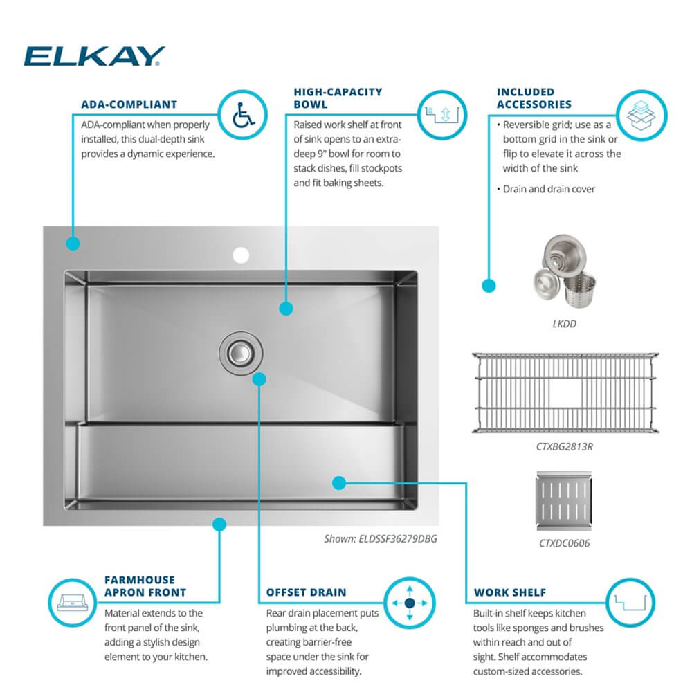Alternate Image for Elkay 36" Stainless Steel ADA Compliant Workstation Farmhouse Sink, Polished Satin, 1 Faucet Hole, ELDSSF36279DBG