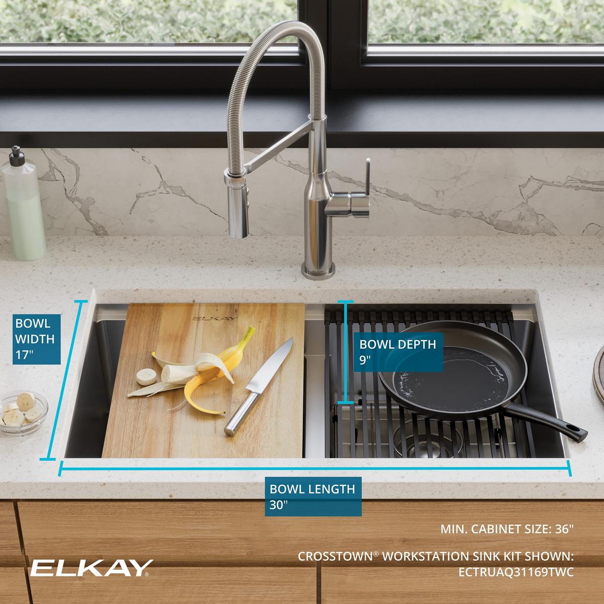 Alternate Image for Elkay Crosstown 32" Undermount Stainless Steel Workstation Kitchen Sink Kit with Accessories, 50/50 with Aqua Divide Double Bowl, Polished Satin, 18 Gauge, ECTRUAQ31169TWC