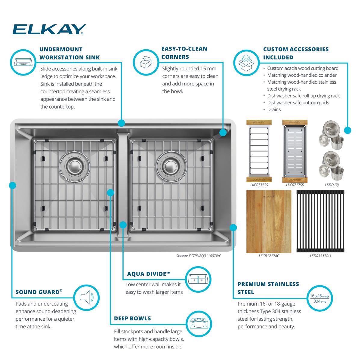Alternate Image for Elkay Crosstown 32" Undermount Stainless Steel Workstation Kitchen Sink Kit with Accessories, 50/50 with Aqua Divide Double Bowl, Polished Satin, 18 Gauge, ECTRUAQ31169TWC
