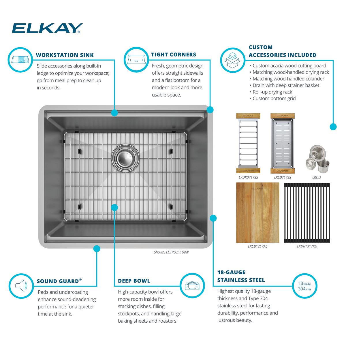 Alternate Image for Elkay Crosstown 23" Undermount Stainless Steel Workstation Kitchen Sink with Accessories, Polished Satin, 18 Gauge, ECTRU21169W