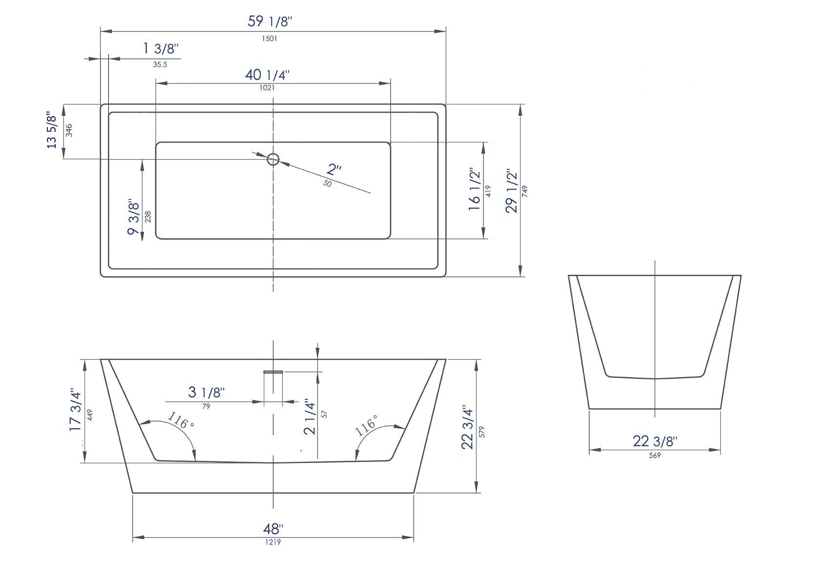 ALFI brand 59" Acrylic Free Standing Rectangle Soaking Bathtub, Black, AB8834