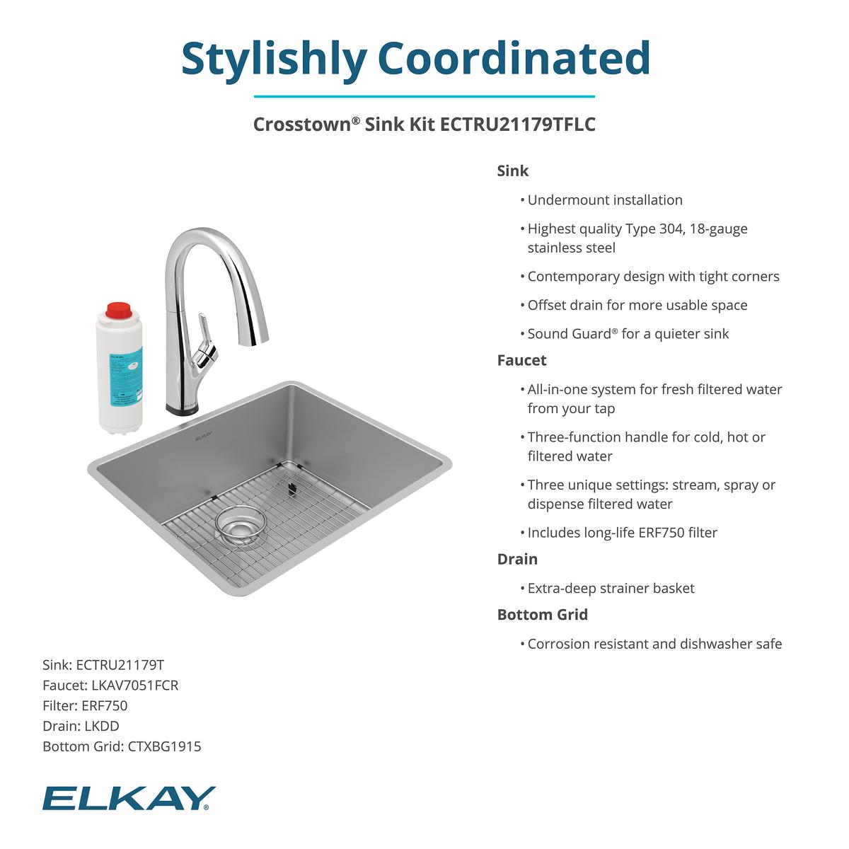 Alternate Image for Elkay Crosstown 23" Undermount Stainless Steel Kitchen Sink Kit with Faucet, Single Bowl 18 Gauge, ECTRU21179TFLC