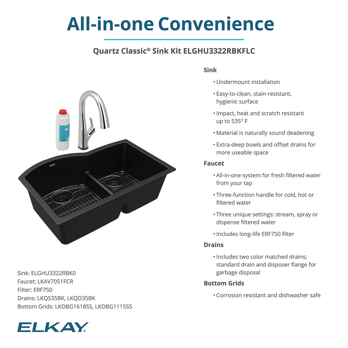 Alternate Image for Elkay Quartz Classic 33" Undermount Quartz Kitchen Sink Kit with Faucet, 60/40 Double Bowl, Black, ELGHU3322RBKFLC