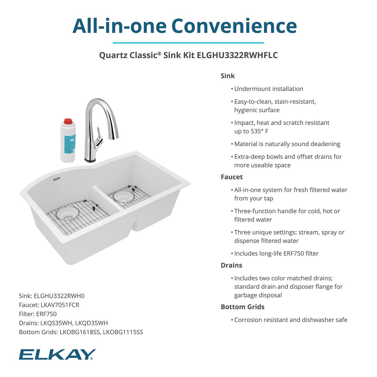 Alternate Image for Elkay Quartz Classic 33" Undermount Quartz Kitchen Sink Kit with Faucet, 60/40 Double Bowl, White, ELGHU3322RWHFLC
