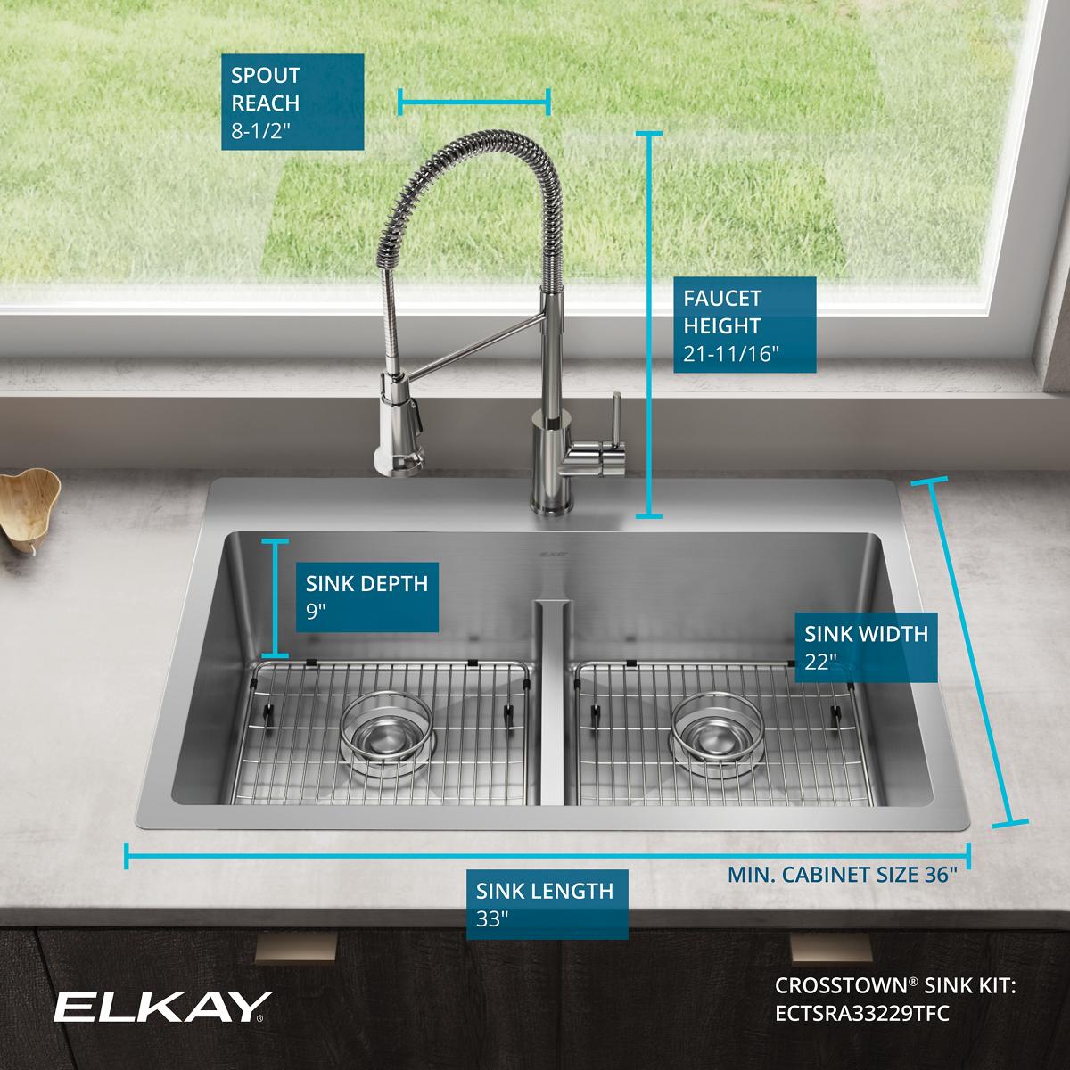 Alternate Image for Elkay Crosstown 33" Dual Mount Stainless Steel Kitchen Sink Kit with Faucet, 50/50 with Aqua Divide Double Bowl, Polished Satin, 1 Faucet Hole, ECTSRA33229TFC