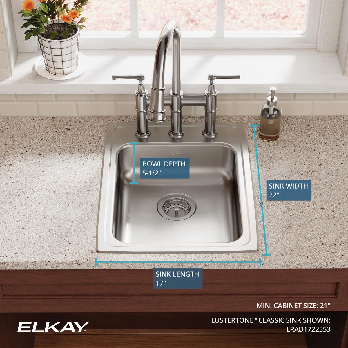 Alternate Image for Elkay Lustertone Classic 17" Drop In/Topmount Stainless Steel ADA Kitchen Sink, Lustrous Satin, 3 Faucet Holes, LRAD1722553