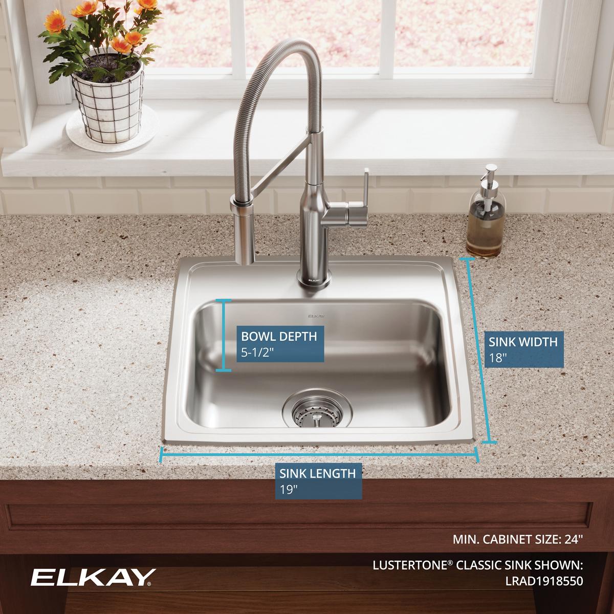 Alternate Image for Elkay Lustertone Classic 19" Drop In/Topmount Stainless Steel ADA Kitchen Sink, Lustrous Satin, No Faucet Hole, LRAD1918550