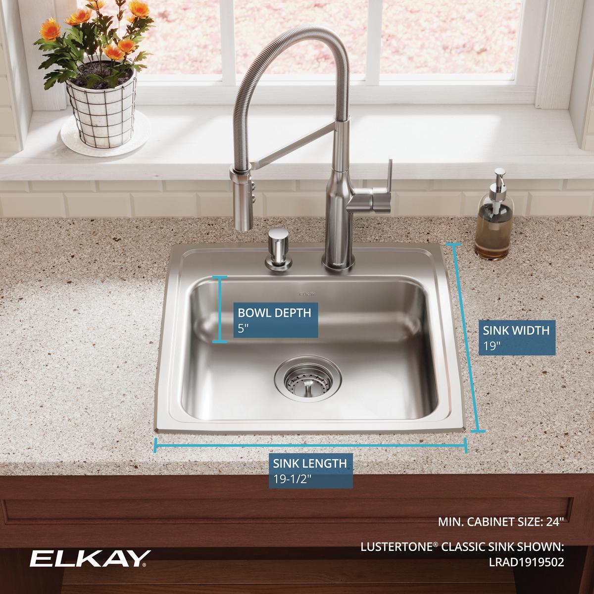 Alternate Image for Elkay Lustertone Classic 20" Drop In/Topmount Stainless Steel ADA Kitchen Sink, Lustrous Satin, 2 Faucet Holes, LRAD1919502