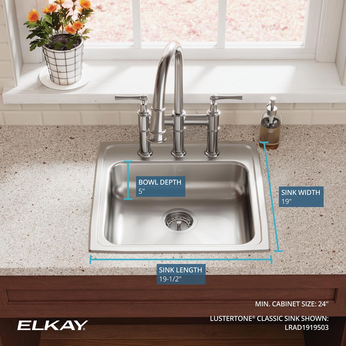Alternate Image for Elkay Lustertone Classic 20" Drop In/Topmount Stainless Steel ADA Kitchen Sink, Lustrous Satin, 3 Faucet Holes, LRAD1919503