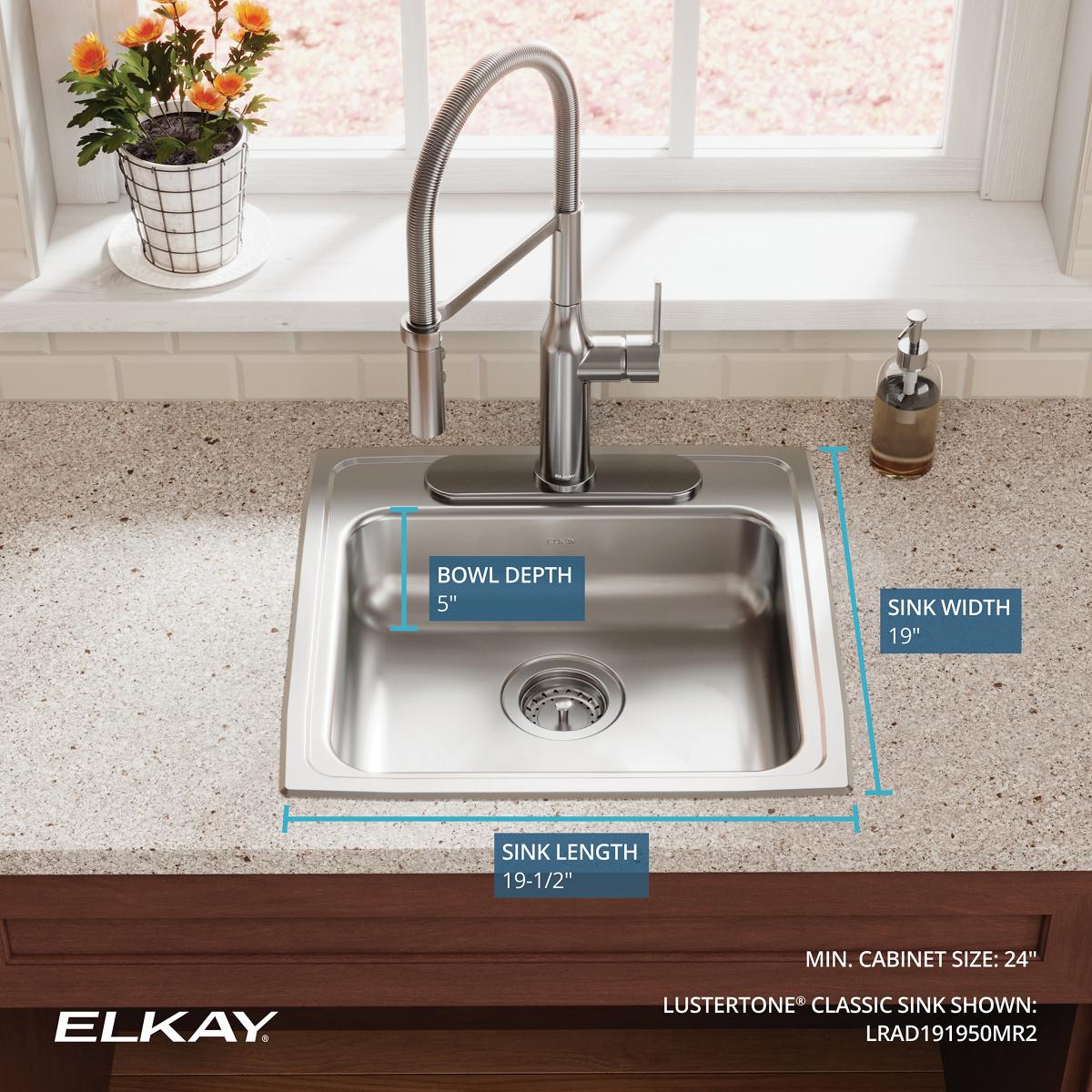 Alternate Image for Elkay Lustertone Classic 20" Drop In/Topmount Stainless Steel ADA Kitchen Sink, Lustrous Satin, MR2 Faucet Holes, LRAD191950MR2