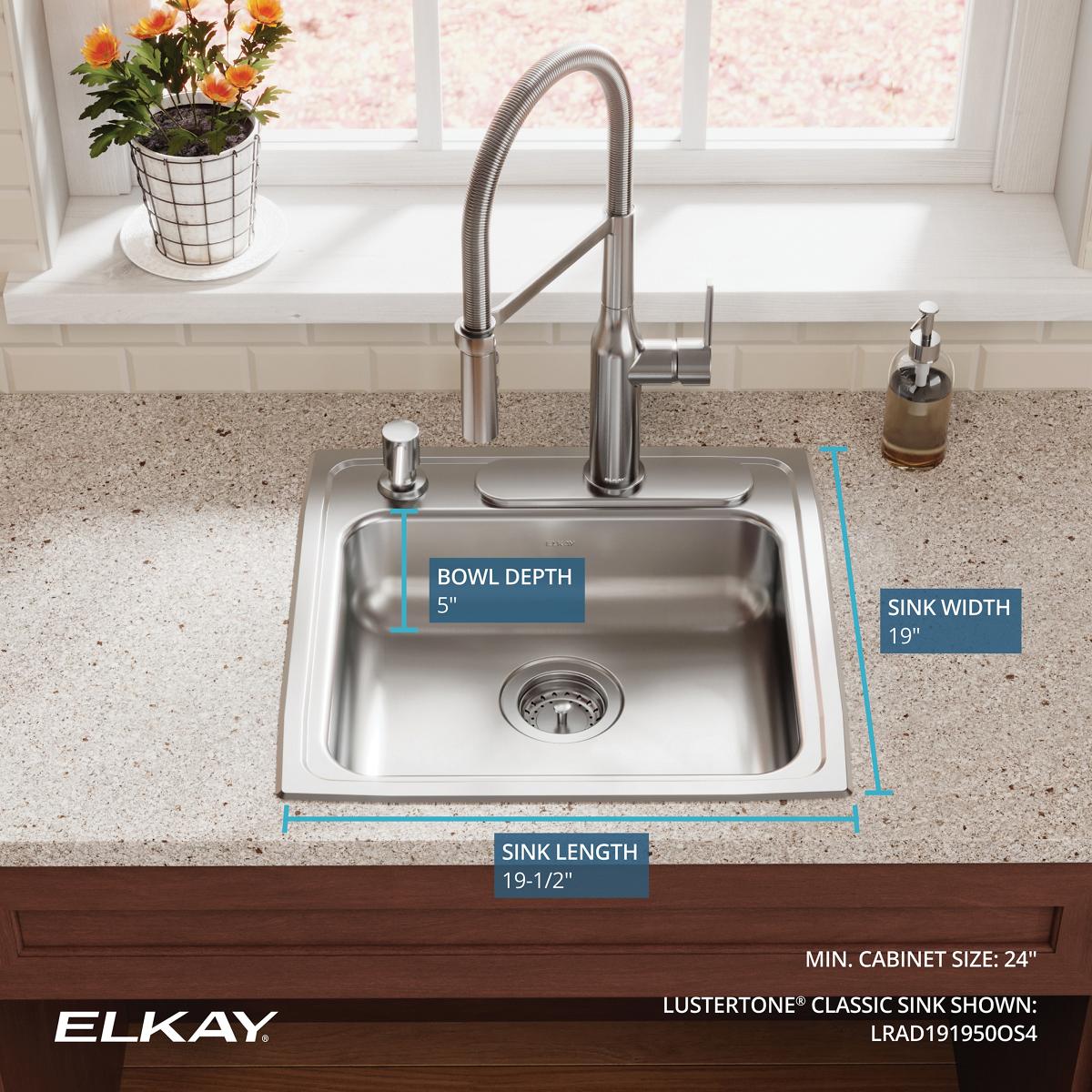 Alternate Image for Elkay Lustertone Classic 20" Drop In/Topmount Stainless Steel ADA Kitchen Sink, Lustrous Satin, OS4 Faucet Holes, LRAD191950OS4