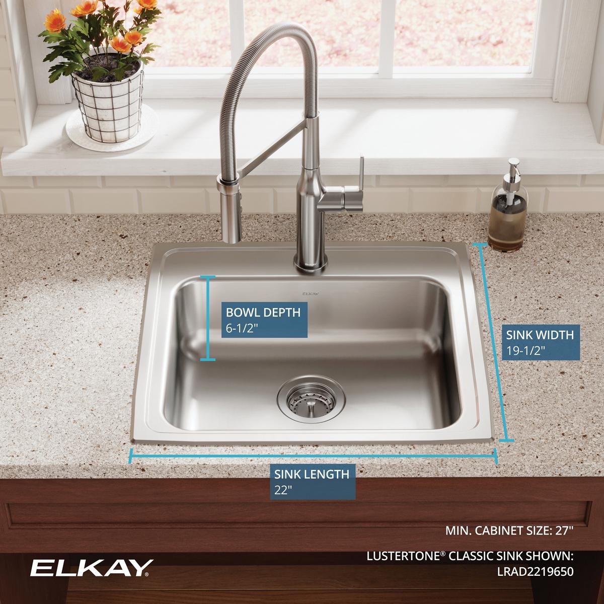 Alternate Image for Elkay Lustertone Classic 22" Drop In/Topmount Stainless Steel ADA Kitchen Sink, Lustrous Satin, 18 Gauge, LRAD2219650