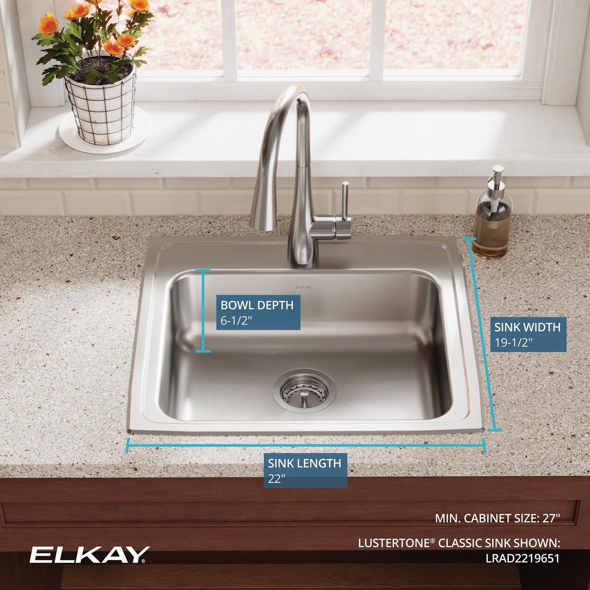 Alternate Image for Elkay Lustertone Classic 22" Drop In/Topmount Stainless Steel ADA Kitchen Sink, Lustrous Satin, 1 Faucet Hole, LRAD2219651