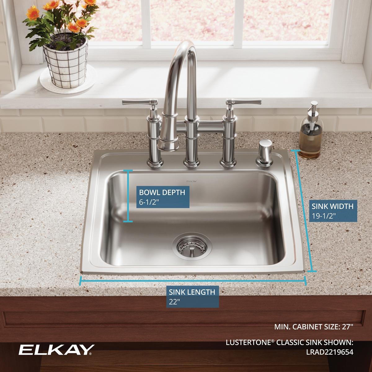 Alternate Image for Elkay Lustertone Classic 22" Drop In/Topmount Stainless Steel ADA Kitchen Sink, Lustrous Satin, 4 Faucet Holes, LRAD2219654