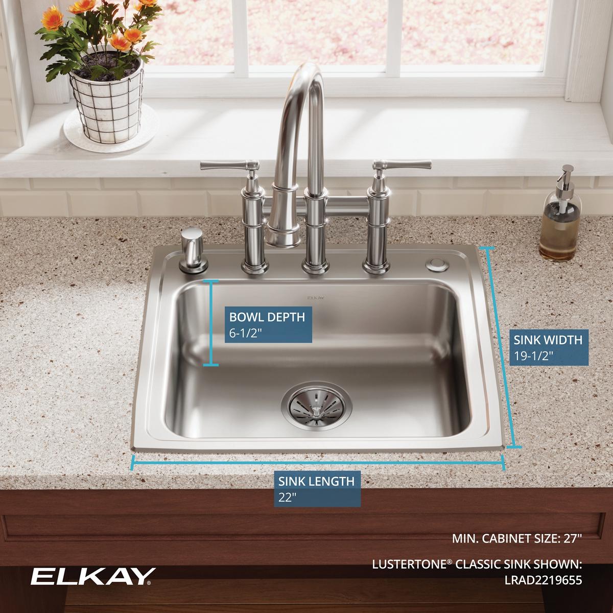 Alternate Image for Elkay Lustertone Classic 22" Drop In/Topmount Stainless Steel ADA Kitchen Sink, Lustrous Satin, 5 Faucet Holes, LRAD2219655