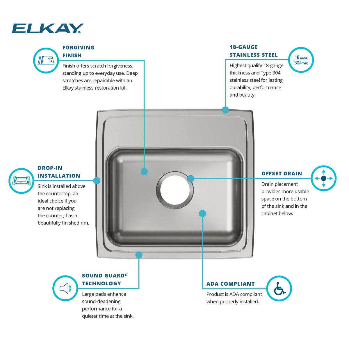 Alternate Image for Elkay Lustertone Classic 19" Drop In/Topmount Stainless Steel ADA Kitchen Sink, Lustrous Satin, No Faucet Hole, LRAD1918550