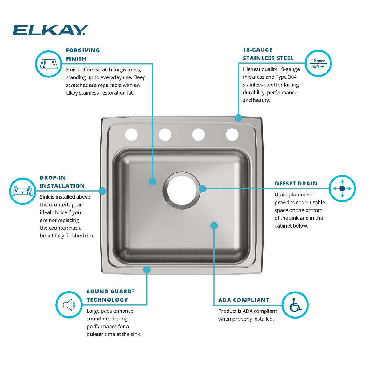 Alternate Image for Elkay Lustertone Classic 20" Drop In/Topmount Stainless Steel ADA Kitchen Sink, Lustrous Satin, OS4 Faucet Holes, LRAD191950OS4