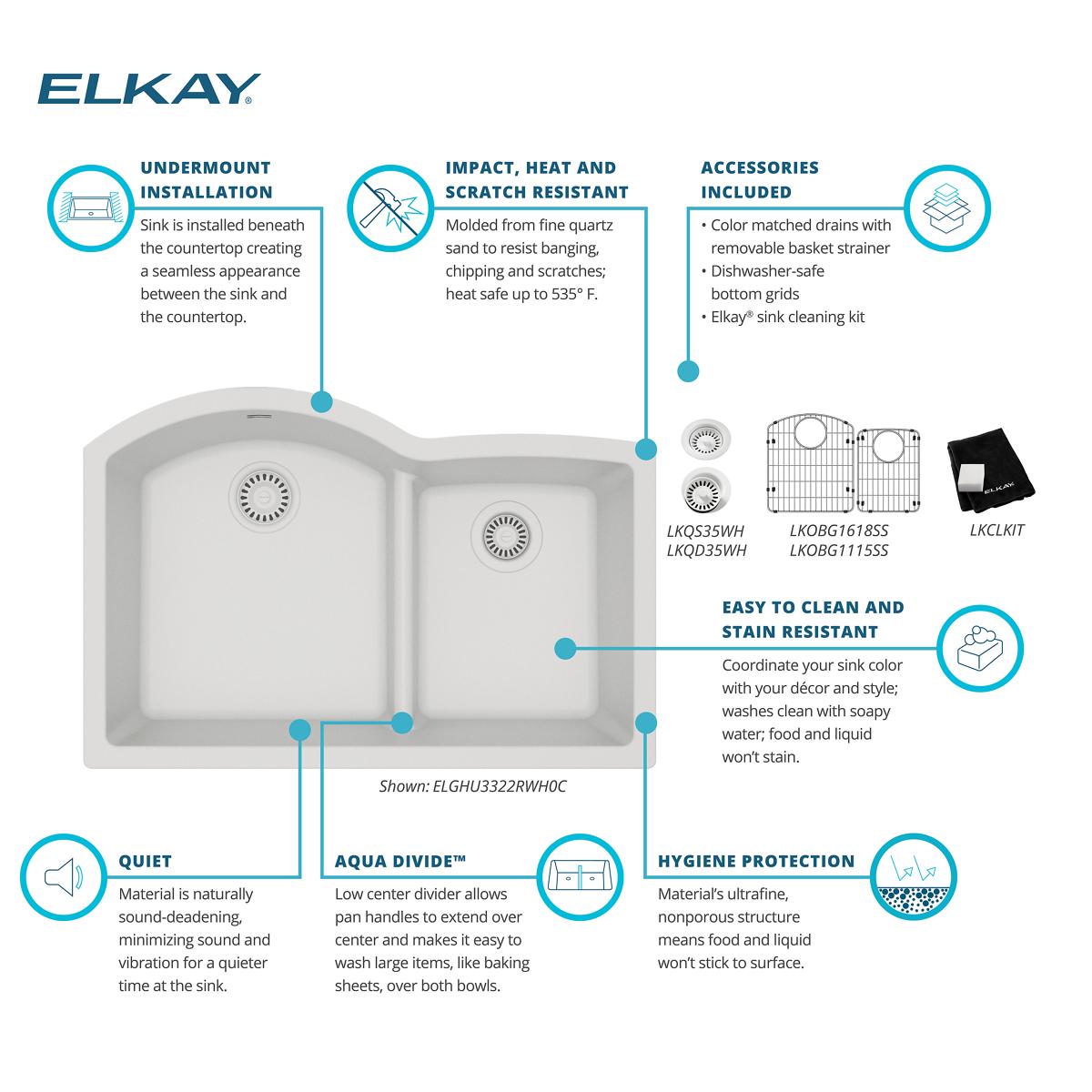 Alternate Image for Elkay Quartz Classic 33" Undermount Quartz Kitchen Sink Kit, 60/40 Double Bowl, White, ELGHU3322RWH0C