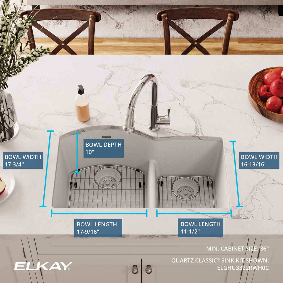 Alternate Image for Elkay Quartz Classic 33" Undermount Quartz Kitchen Sink Kit, 60/40 Double Bowl, White, ELGHU3322RWH0C