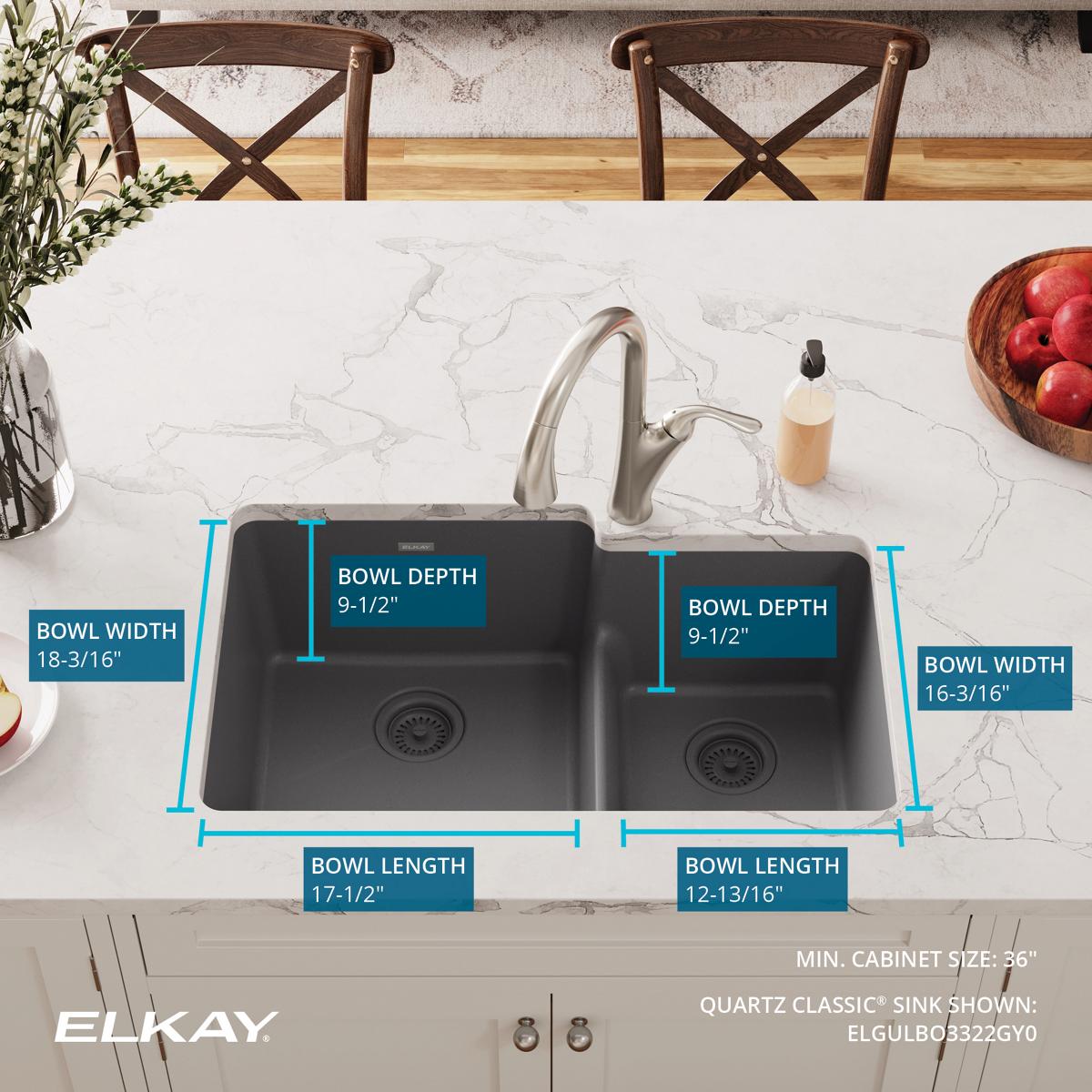 Alternate Image for Elkay Quartz Classic 33" Undermount Quartz Kitchen Sink, 60/40 Double Bowl, Dusk Gray, ELGULBO3322GY0