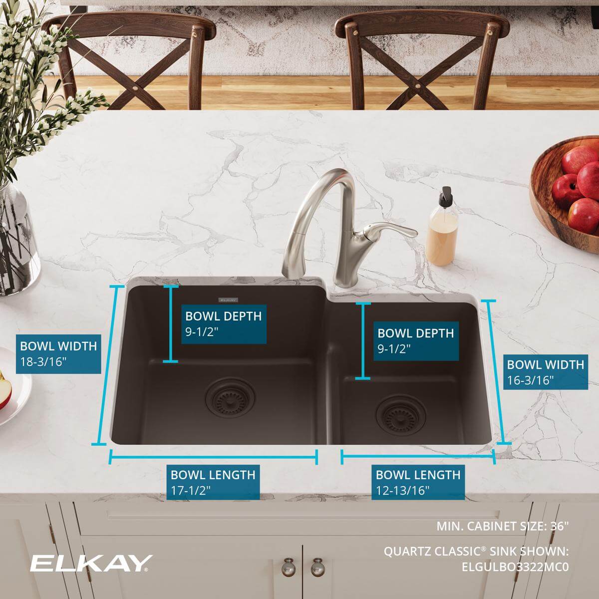 Alternate Image for Elkay Quartz Classic 33" Undermount Quartz Kitchen Sink, 60/40 Double Bowl, Mocha, ELGULBO3322MC0