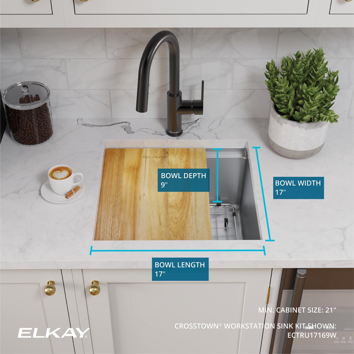 Alternate Image for Elkay Crosstown 19" Rectangle Stainless Steel Workstation Bar/Prep Sink with Accessories, Polished Satin, 18 Gauge, ECTRU17169W