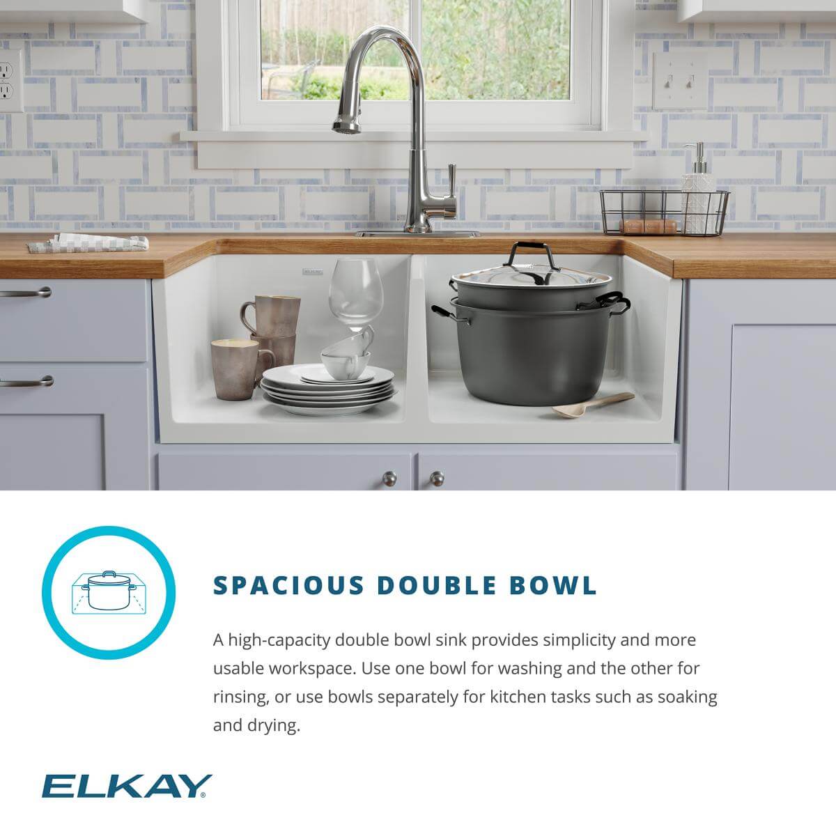 Alternate Image for Elkay 33" Fireclay Farmhouse Sink Kit with Faucet, 50/50 Double Bowl, White, SWUF32189WHFLC