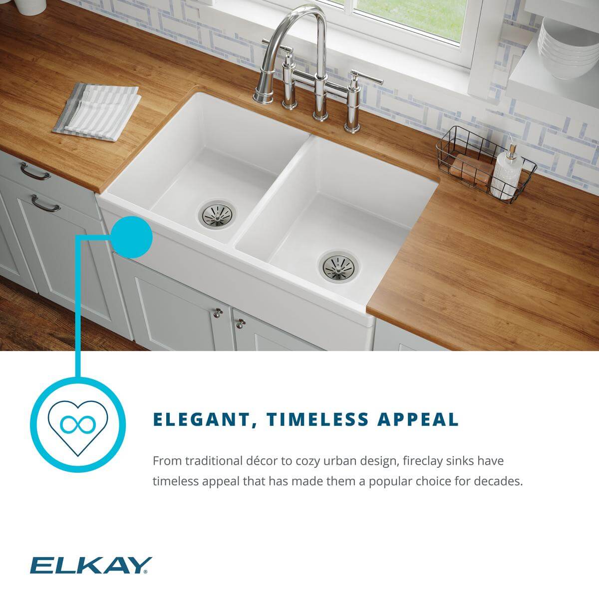Alternate Image for Elkay 33" Fireclay Farmhouse Sink Kit with Faucet, 50/50 Double Bowl, White, SWUF32189WHFLC