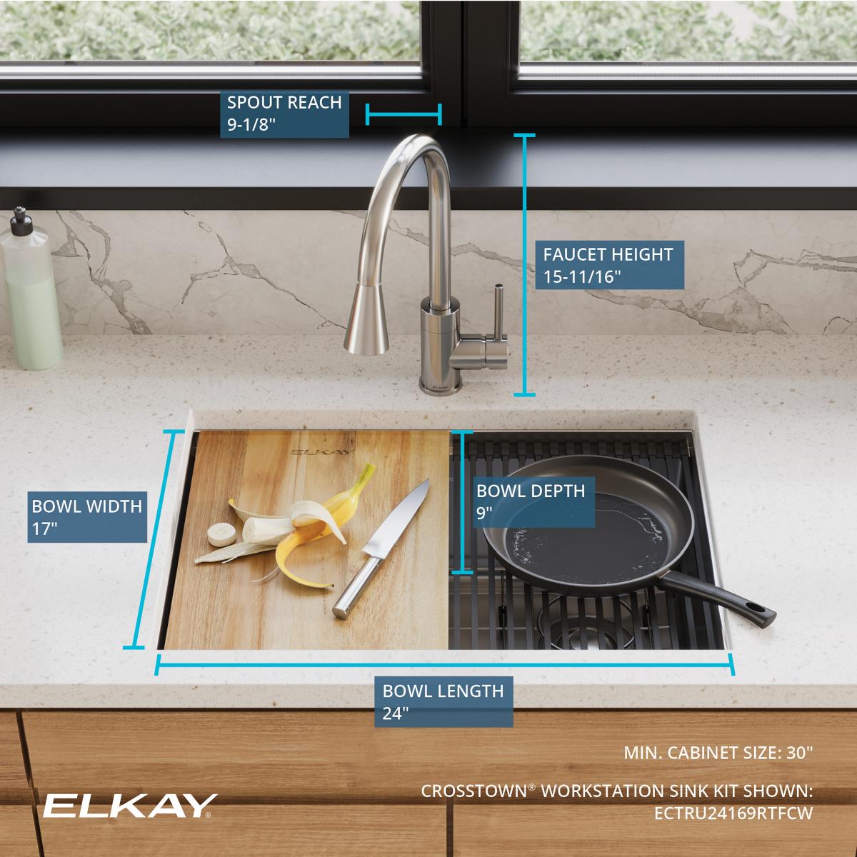 Alternate Image for Elkay Crosstown 26" Undermount Stainless Steel Workstation Kitchen Sink with Faucet, Polished Satin, 18 Gauge, ECTRU24169RTFCW