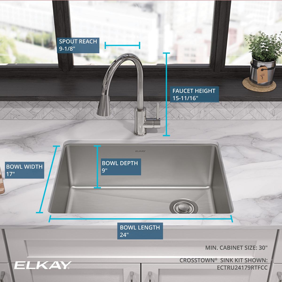 Alternate Image for Elkay Crosstown 26" Undermount Stainless Steel Kitchen Sink with Faucet, Polished Satin, 18 Gauge, ECTRU24179RTFCC