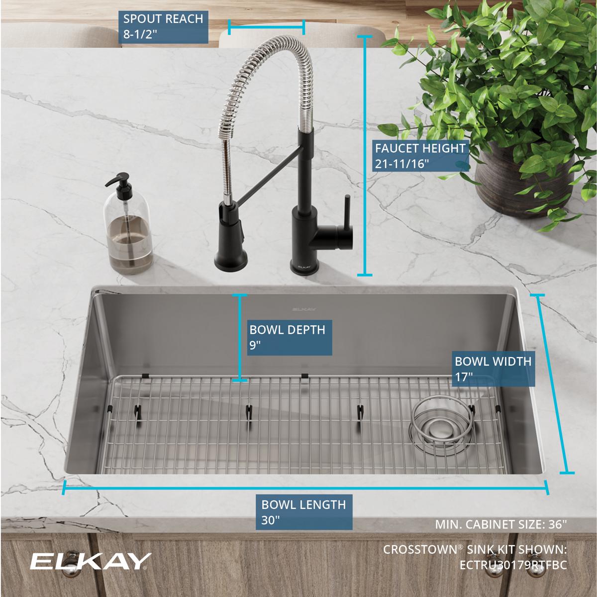 Alternate Image for Elkay Crosstown 32" Undermount Stainless Steel Kitchen Sink with Faucet, Polished Satin, 18 Gauge, ECTRU30179RTFBC