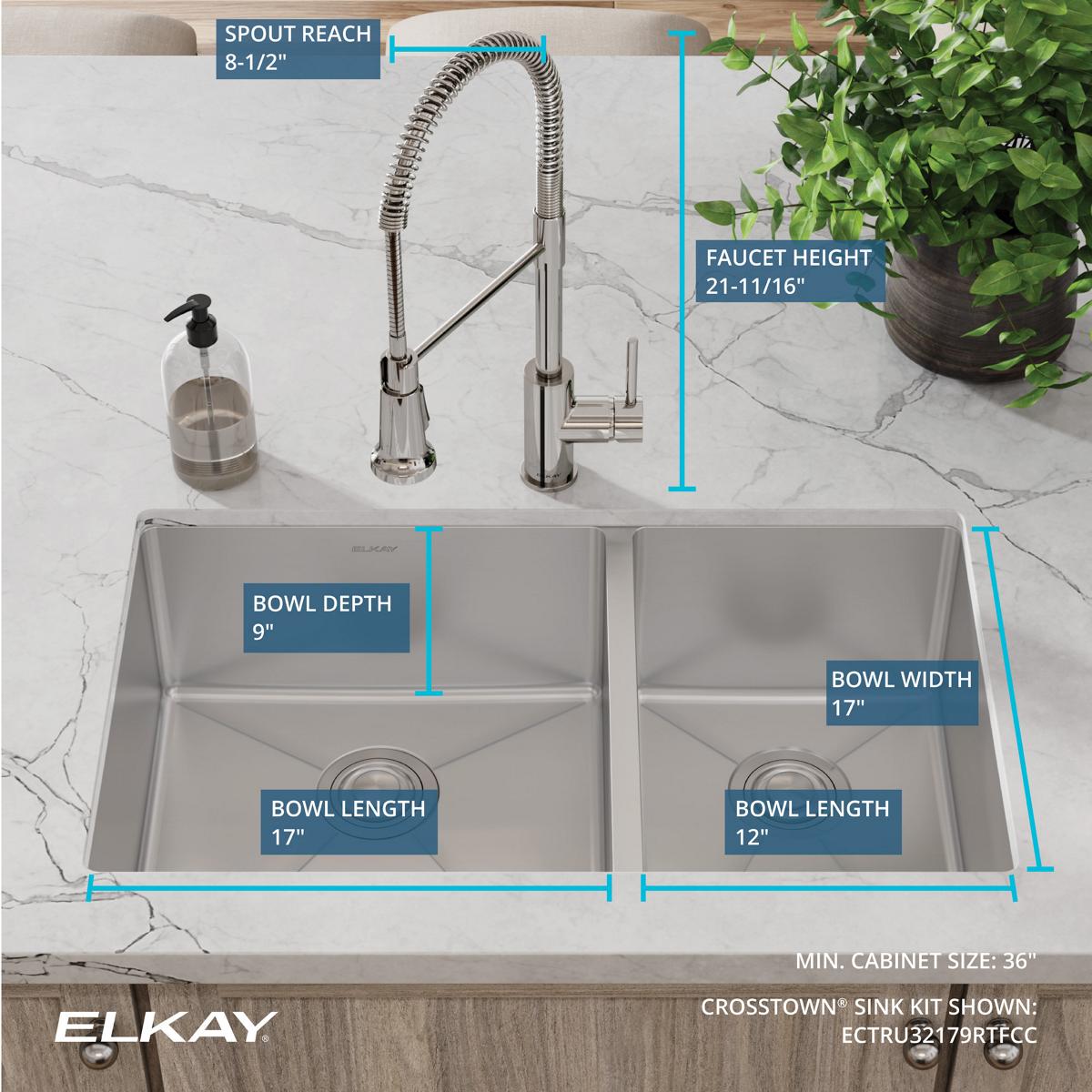 Alternate Image for Elkay Crosstown 32" Undermount Stainless Steel Kitchen Sink with Faucet, 60/40 Double Bowl, Polished Satin, 18 Gauge, ECTRU32179RTFCC