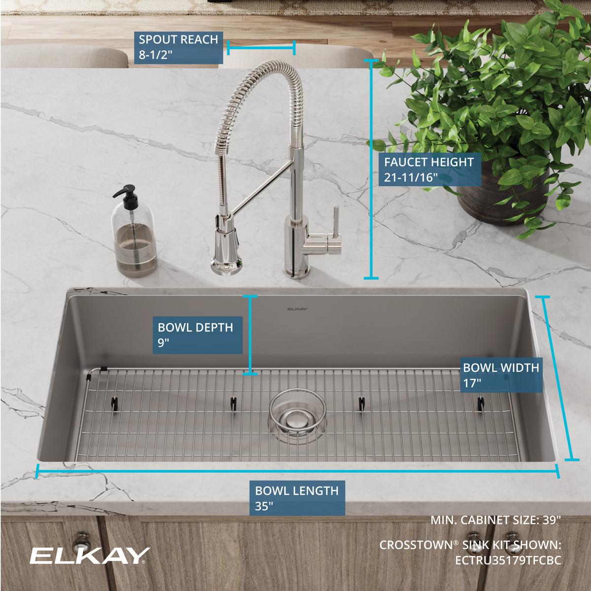 Alternate Image for Elkay Crosstown 37" Undermount Stainless Steel Kitchen Sink with Faucet, Polished Satin, 18 Gauge, ECTRU35179TFCBC
