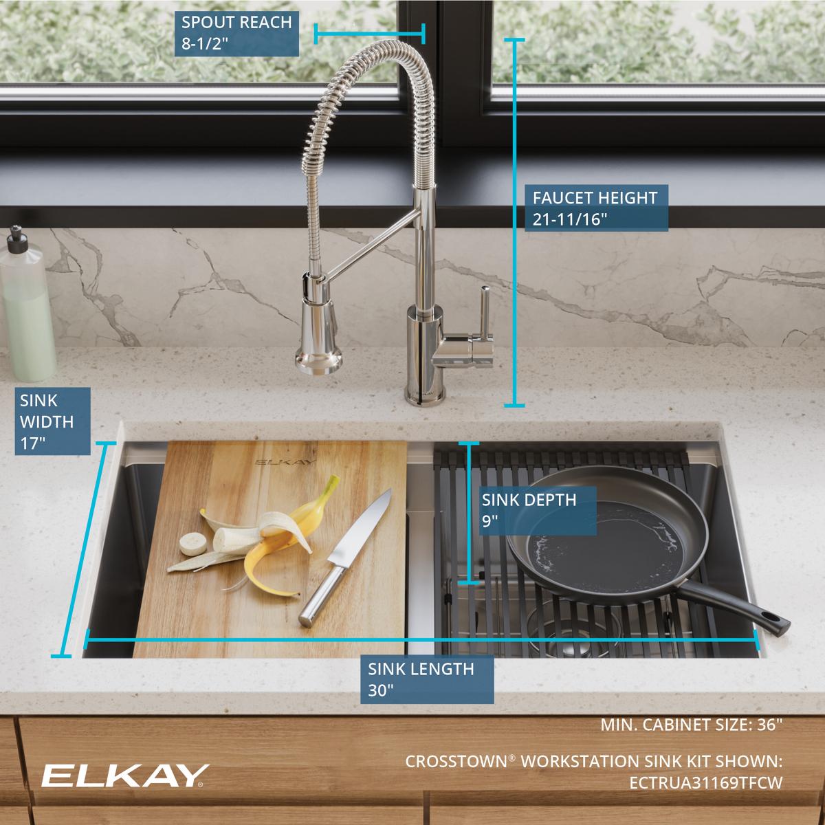Alternate Image for Elkay Crosstown 32" Undermount Stainless Steel Workstation Kitchen Sink with Faucet, 50/50 with Aqua Divide Double Bowl, Polished Satin, 18 Gauge, ECTRUA31169TFCW