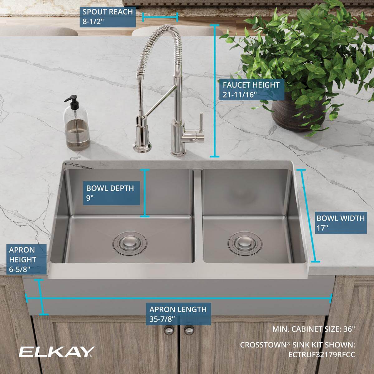 Alternate Image for Elkay Crosstown 36" Stainless Steel Farmhouse Sink with Faucet, 60/40 Double Bowl, Polished Satin, 18 Gauge, ECTRUF32179RFCC
