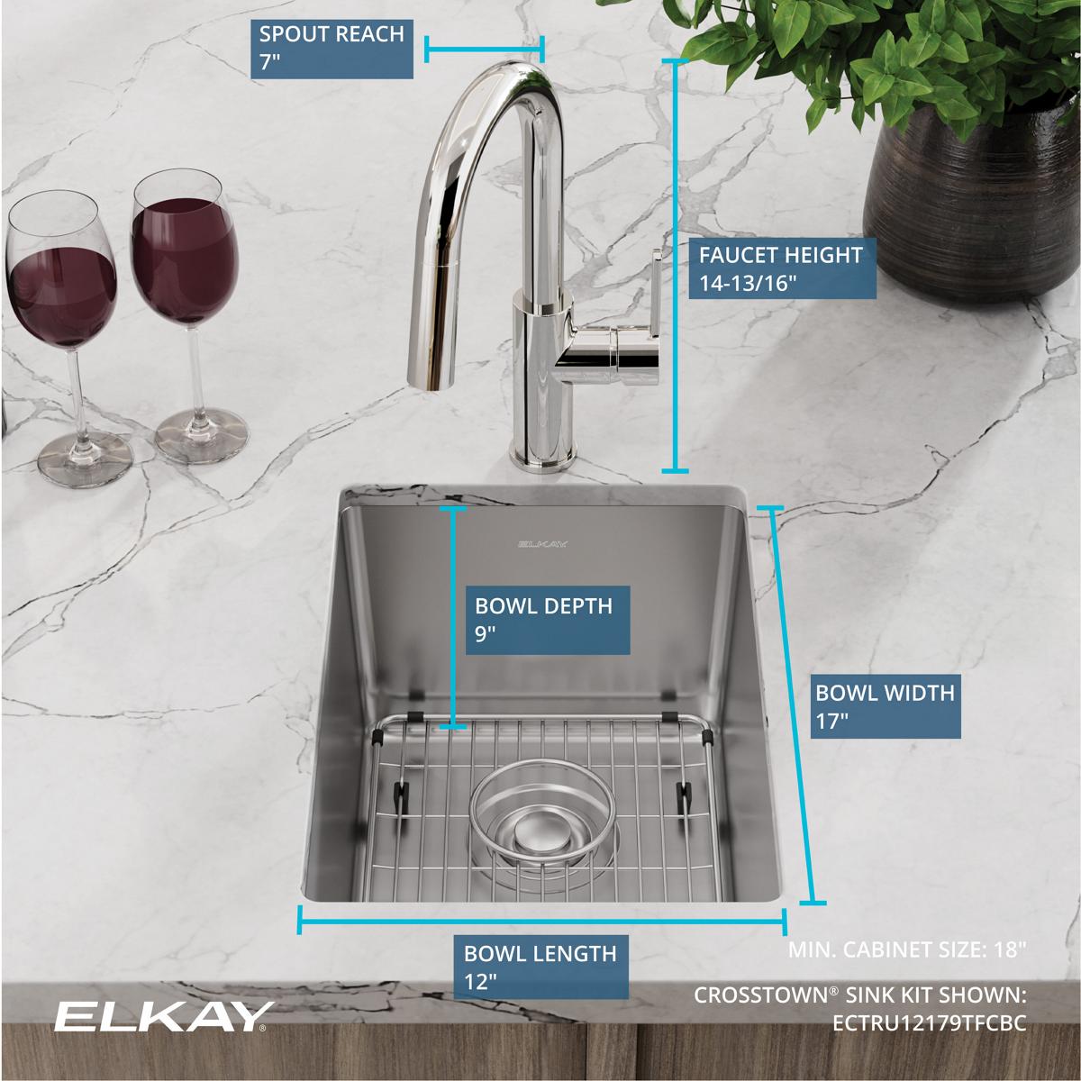 Alternate Image for Elkay Crosstown 14" Rectangular Stainless Steel Bar/Prep Sink with Faucet, Polished Satin, 18 Gauge, ECTRU12179TFCBC