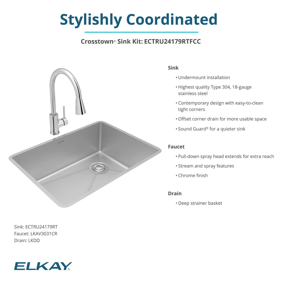 Alternate Image for Elkay Crosstown 26" Undermount Stainless Steel Kitchen Sink with Faucet, Polished Satin, 18 Gauge, ECTRU24179RTFCC