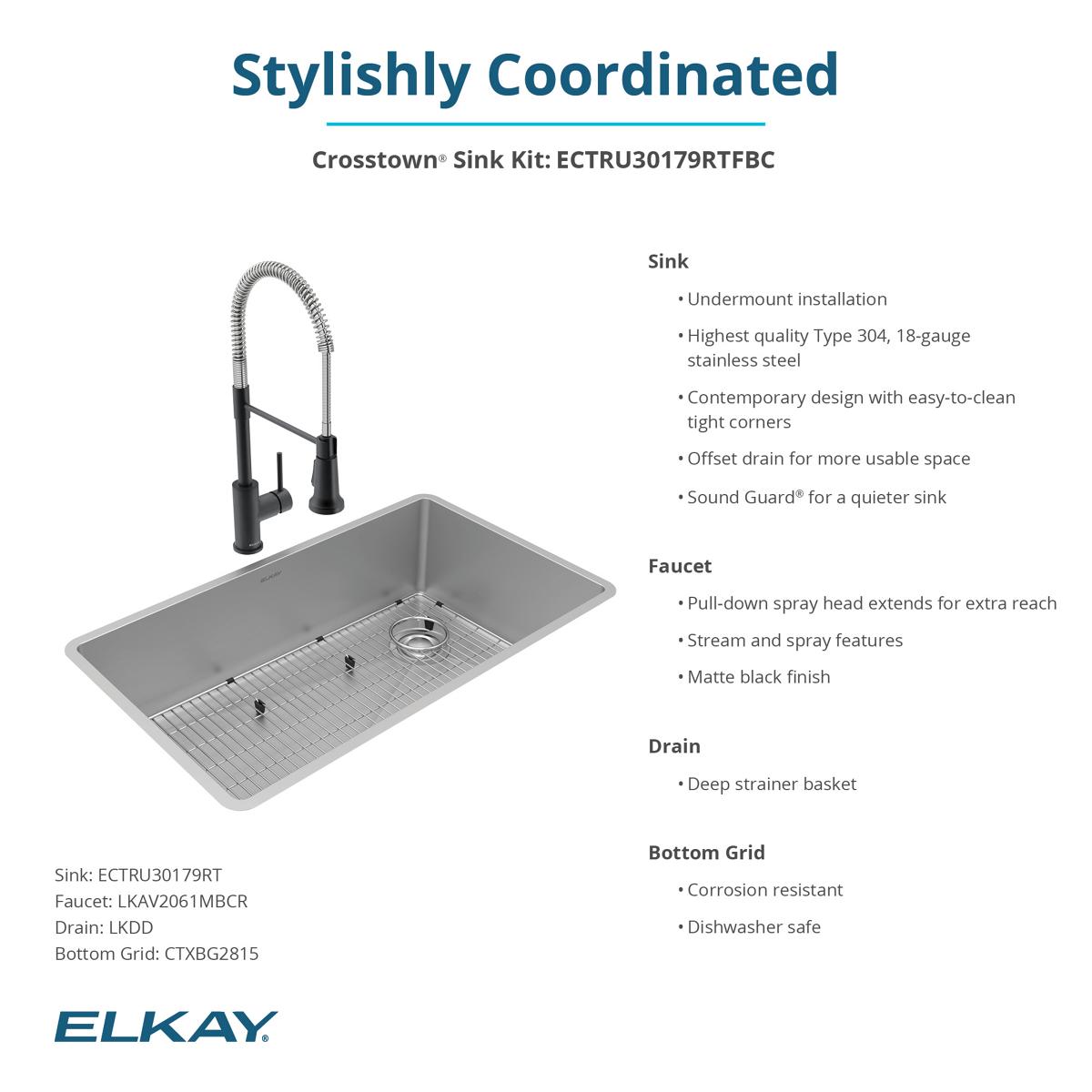 Alternate Image for Elkay Crosstown 32" Undermount Stainless Steel Kitchen Sink with Faucet, Polished Satin, 18 Gauge, ECTRU30179RTFBC