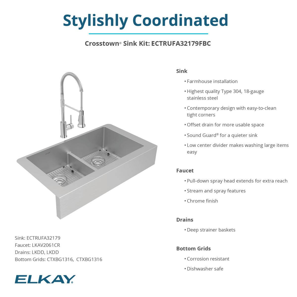 Alternate Image for Elkay Crosstown 36" Stainless Steel Farmhouse Sink with Faucet, 50/50 with Aqua Divide Double Bowl, Polished Satin, 18 Gauge, ECTRUFA32179FBC