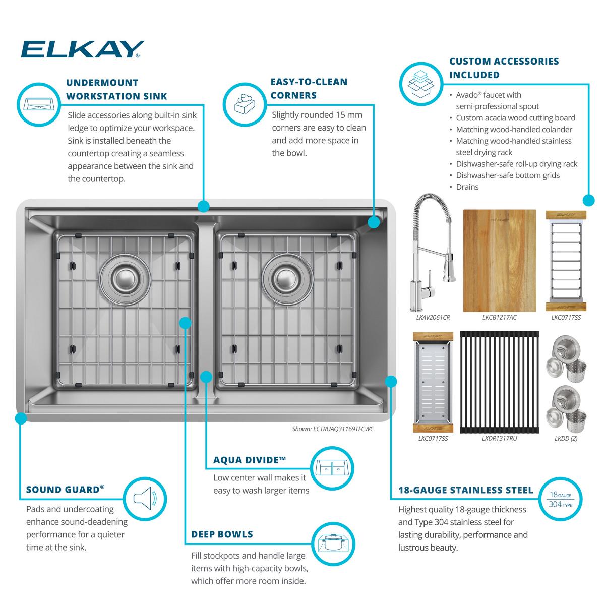 Alternate Image for Elkay Crosstown 32" Undermount Stainless Steel Workstation Kitchen Sink with Faucet, 50/50 with Aqua Divide Double Bowl, Polished Satin, 18 Gauge, ECTRUA31169TFCW