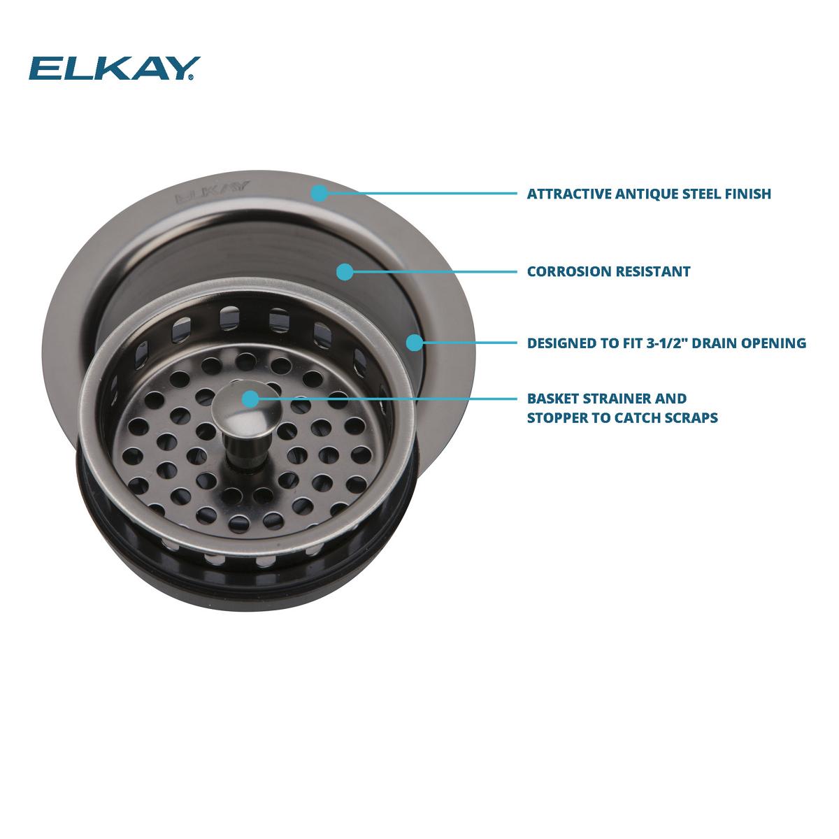 Alternate Image for Elkay 3-1/2" Drain Fitting Antique Steel Finish Disposer Flange and Removable Strainer, LKD35AS