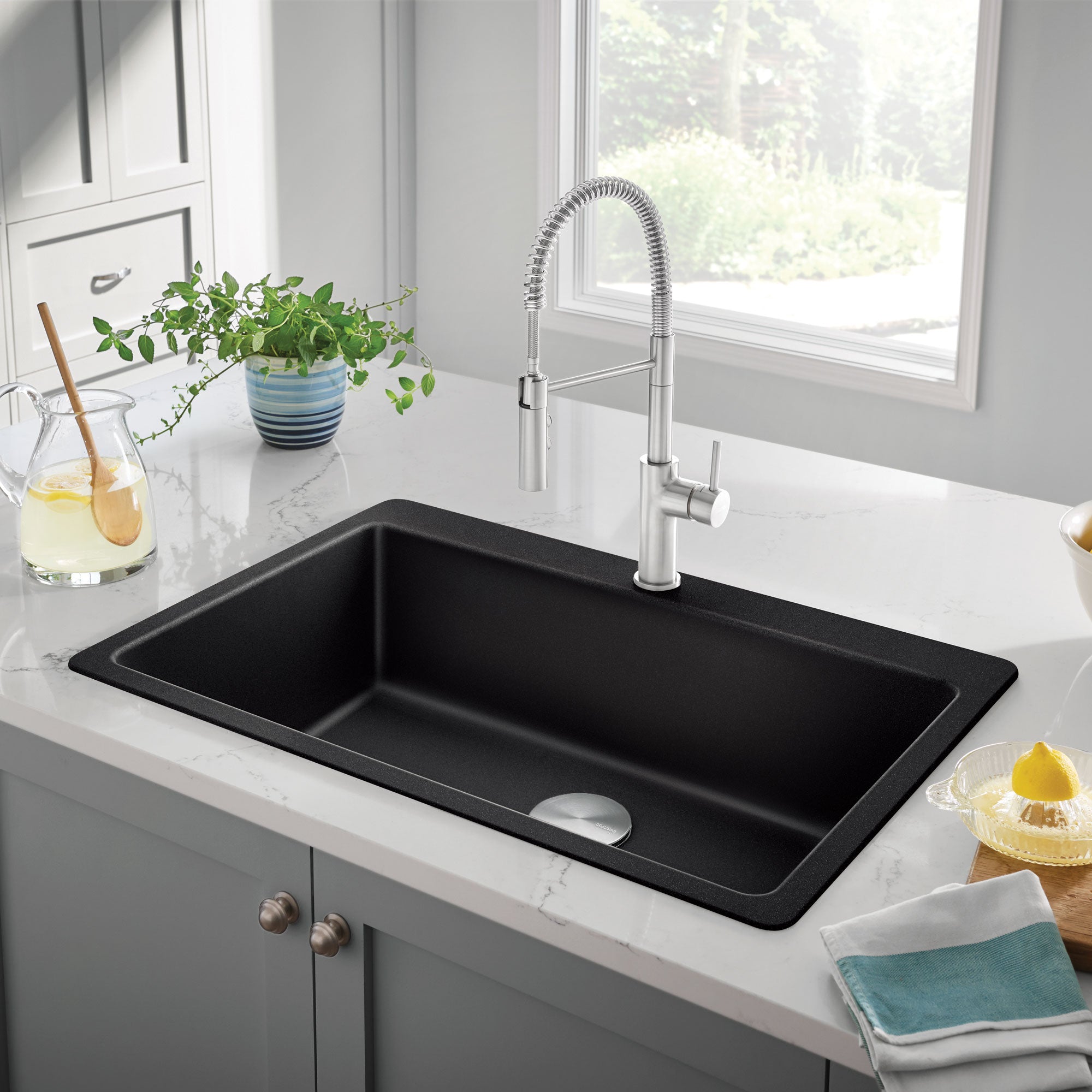 Blanco Liven 33" Dual Mount Silgranit Kitchen Sink, Coal Black, 1 Faucet Hole, 443194