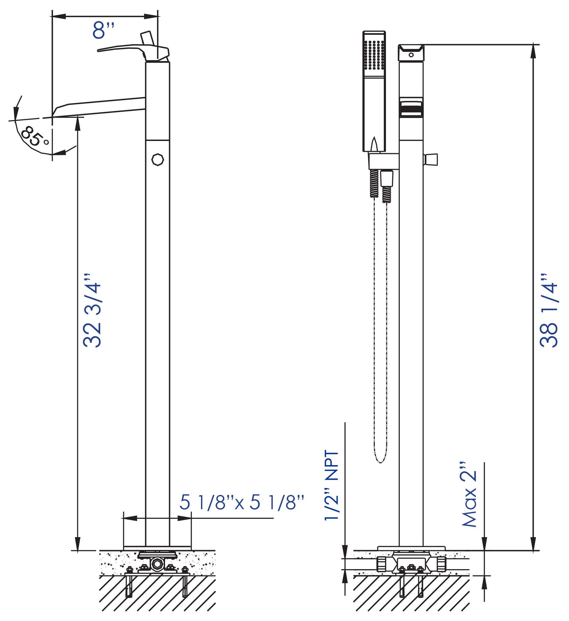 ALFI brand Brass, AB2843-PC Polished Chrome Single Hole Floor Mounted Waterfall Tub Filler