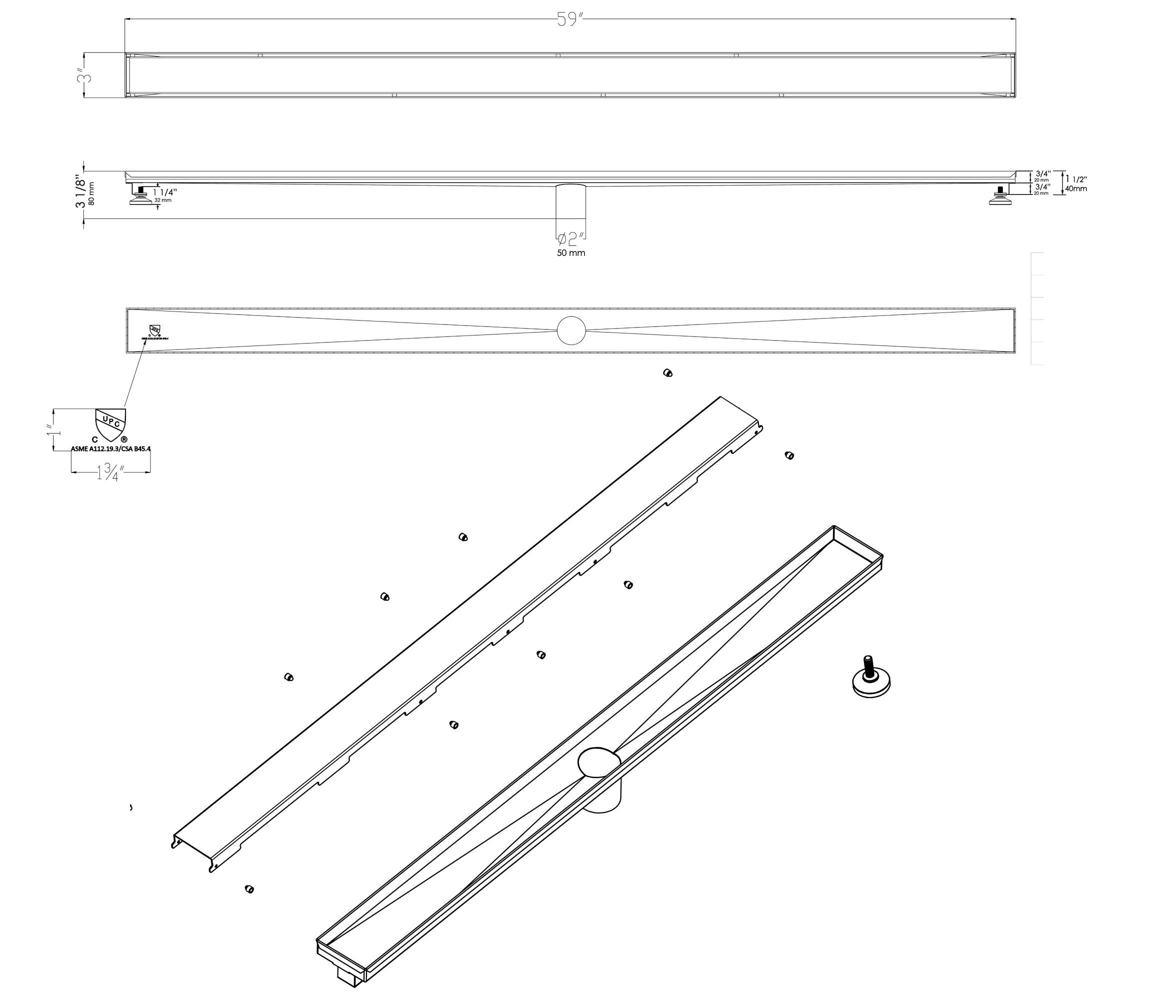 ALFI brand ABLD59B-BSS 59" Brushed Stainless Steel Linear Shower Drain with Solid Cover